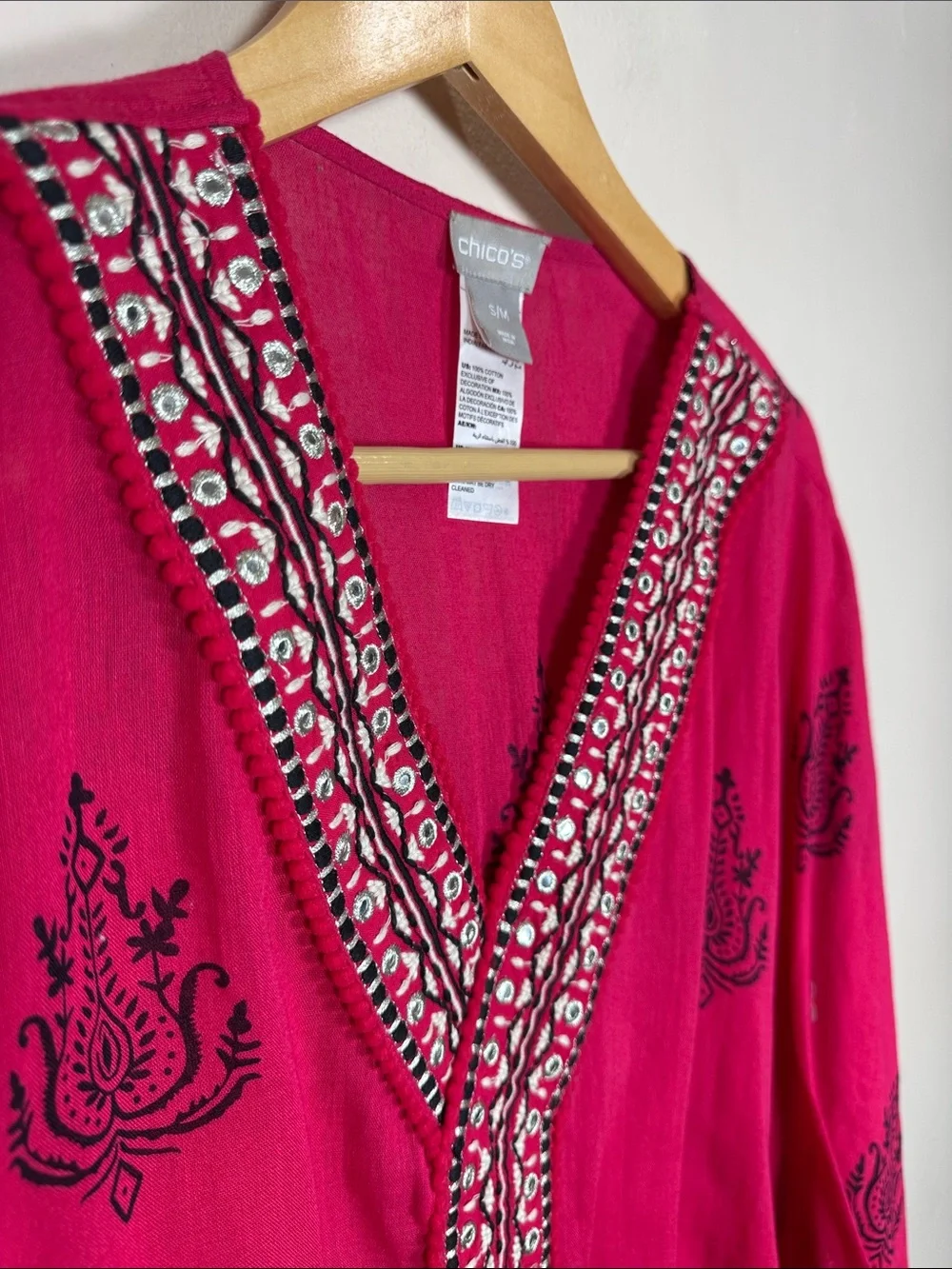 Chicos Womens Embroidered Tunic Top Boho Beach Vacation Tropical 100% Cotton